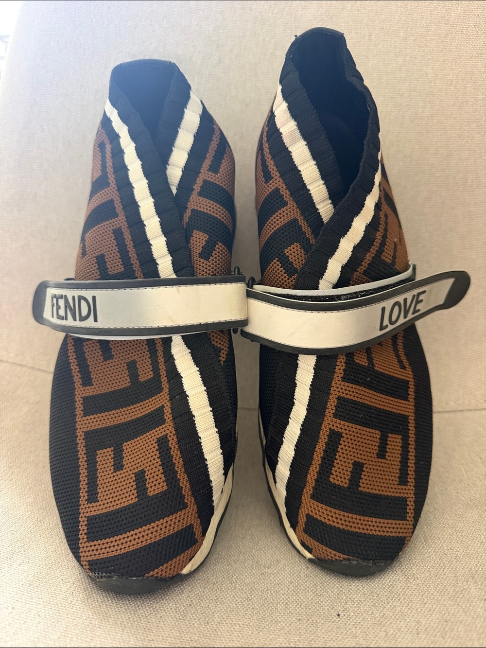 Fendi Brown Black White FF Knit Slip-On Sneakers with 'LOVE' Strap